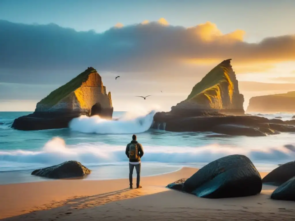 Un amanecer vibrante en una playa de Uruguay, con acantilados coloridos y un fotógrafo solitario capturando el momento