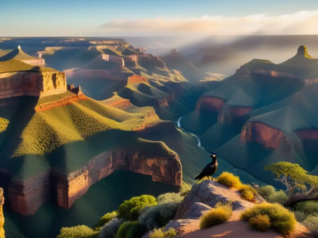 Un amanecer vibrante sobre la Quebrada de los Cuervos guía, con cuervos en vuelo y majestuosas paredes doradas