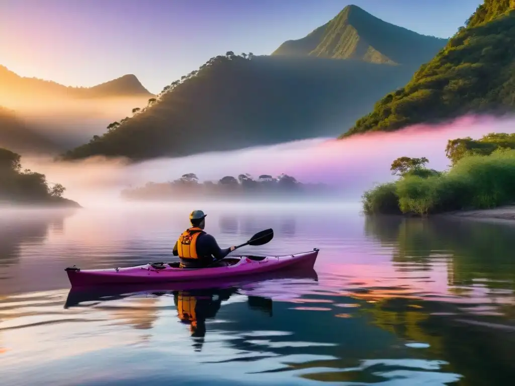 Un amanecer vibrante sobre el río Santa Lucía, con un remero en kayak rodeado de colores dorados