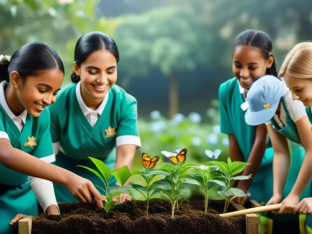 Alegre educación ambiental Uruguay: niños plantan árboles en jardín botánico con uniformes coloridos, rodeados de naturaleza exuberante