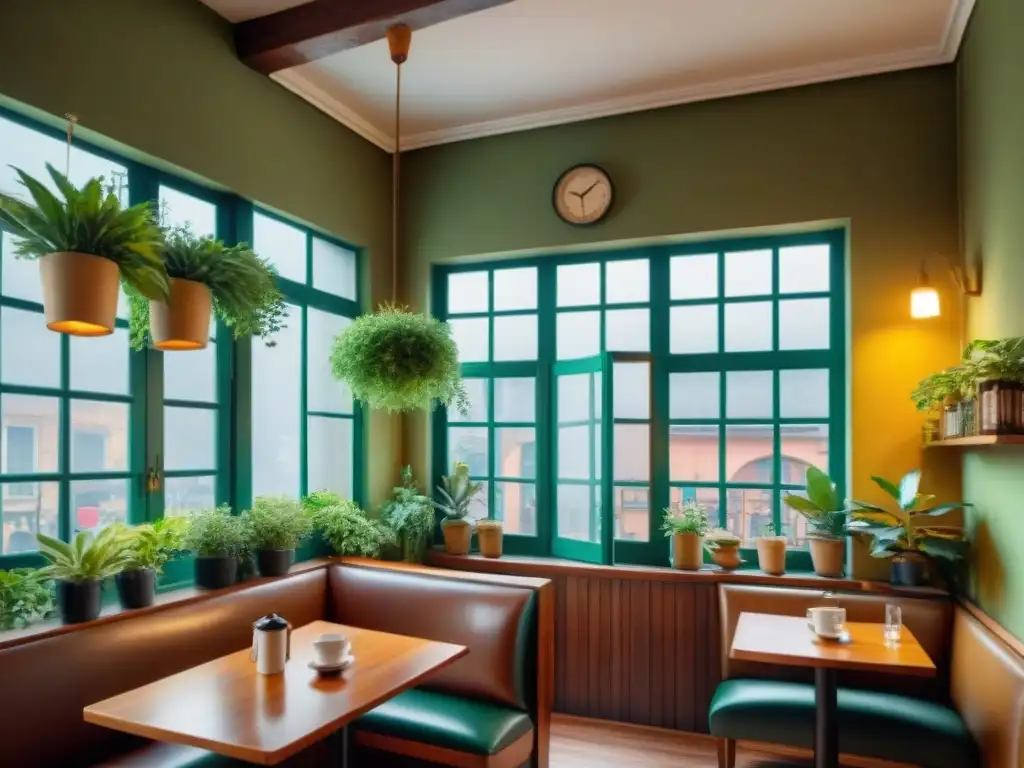 Ambiente acogedor en cafetería con encanto en Montevideo, muebles de madera vintage, plantas verdes y tazas de café artesanal