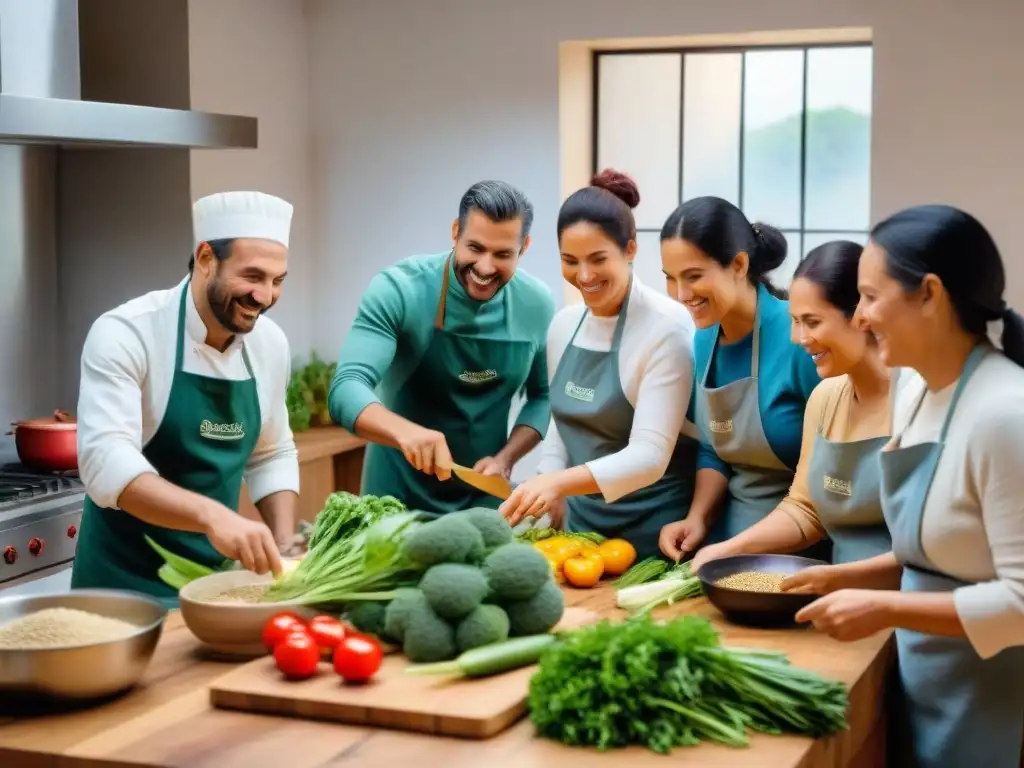 Un ambiente cálido y comunitario en un taller de cocina saludable con ingredientes uruguayos