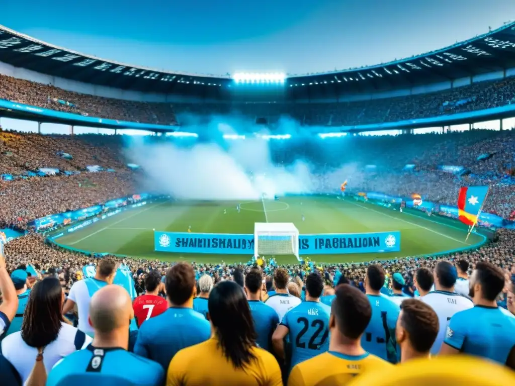 Ambiente vibrante en estadio de fútbol en Uruguay durante partido emocionante