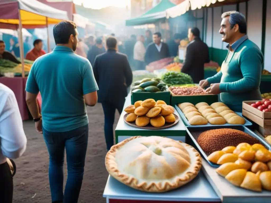 Un ambiente vibrante en una feria vecinal en Uruguay, con locales disfrutando de comida y artesanías coloridas