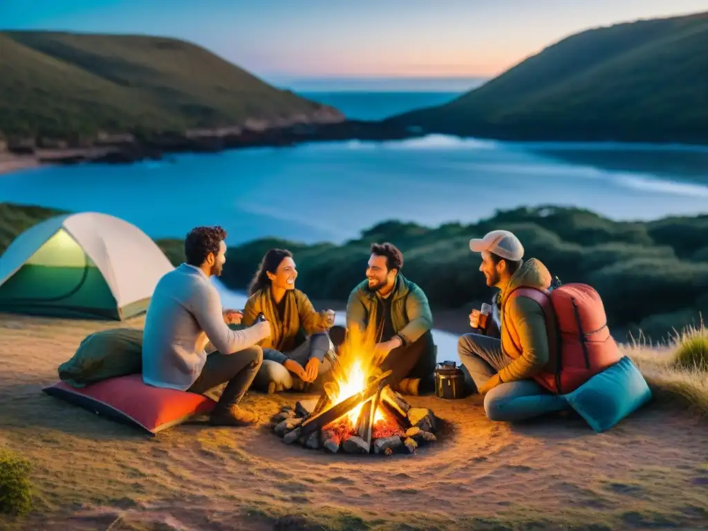 Amigos disfrutan de accesorios camping imprescindibles en Uruguay, junto a fogata bajo estrellado cielo