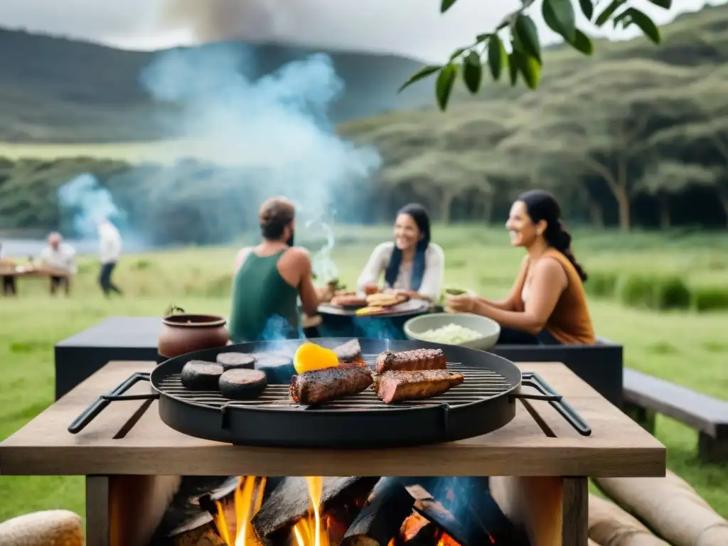 Amigos disfrutan de un asado al aire libre en un bosque de Uruguay con sistemas de cocina portátiles