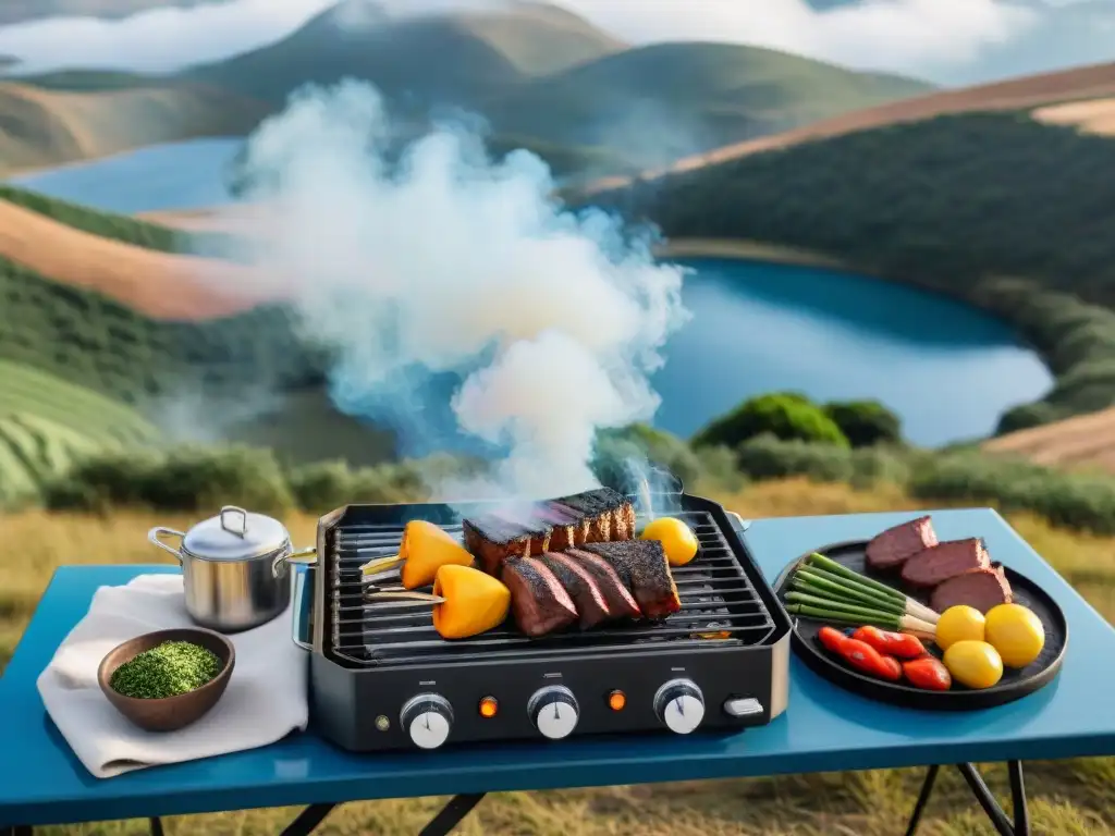 Amigos cocinan asado en fogata portátil en campamento en Uruguay