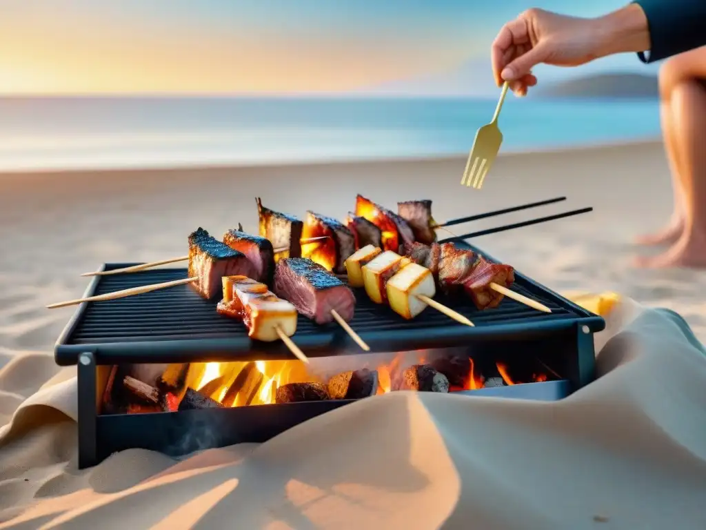 Amigos disfrutan de un asado en la playa al atardecer en Uruguay