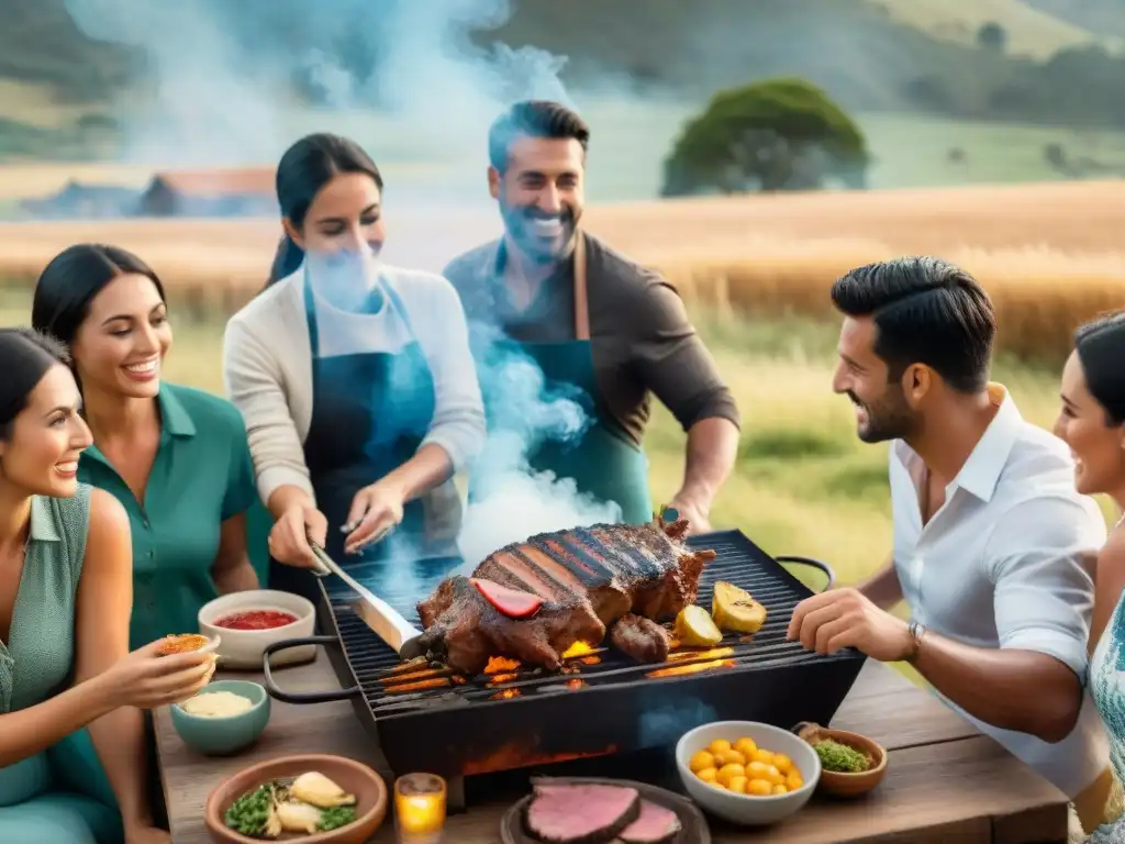 Amigos disfrutan de un asado uruguayo en el campo al atardecer