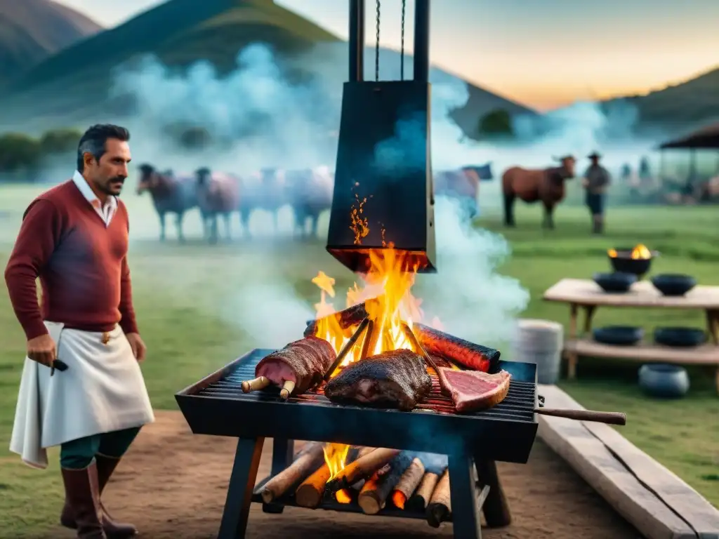 Amigos disfrutan de un asado uruguayo en un entorno rústico con elementos tradicionales