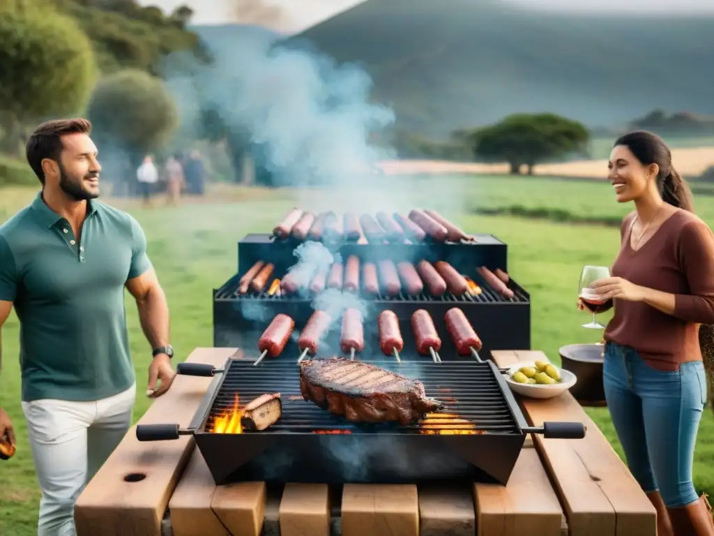 Amigos disfrutando de un asado uruguayo con maridaje Tannat, en un entorno campestre