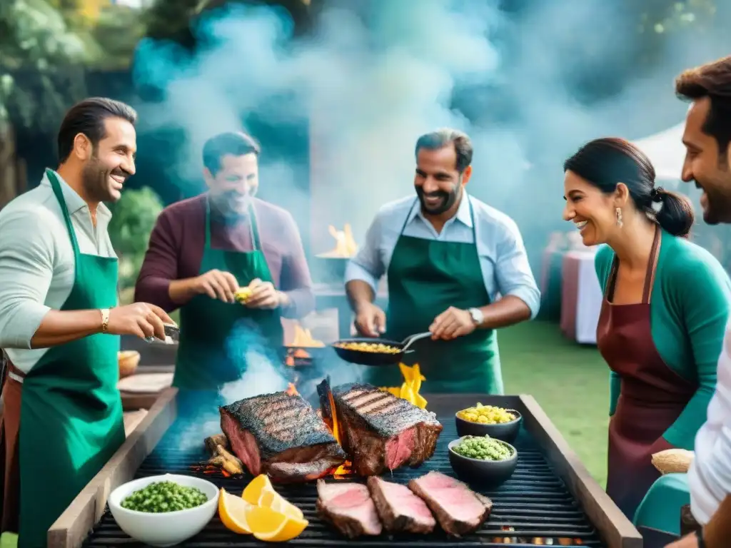 Amigos disfrutan un asado uruguayo: risas, camaradería y sabores se mezclan en una parrilla al aire libre al atardecer