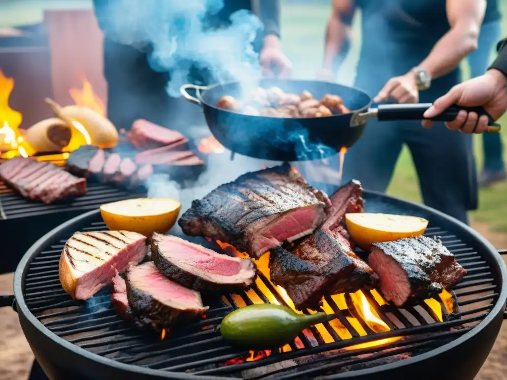 Amigos disfrutan de un asado uruguayo tradicional al aire libre, con Experiencias gastronómicas auténticas en Uruguay