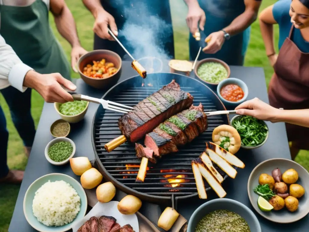 Amigos disfrutan de un asado uruguayo tradicional en un patio soleado, compartiendo risas y camaradería