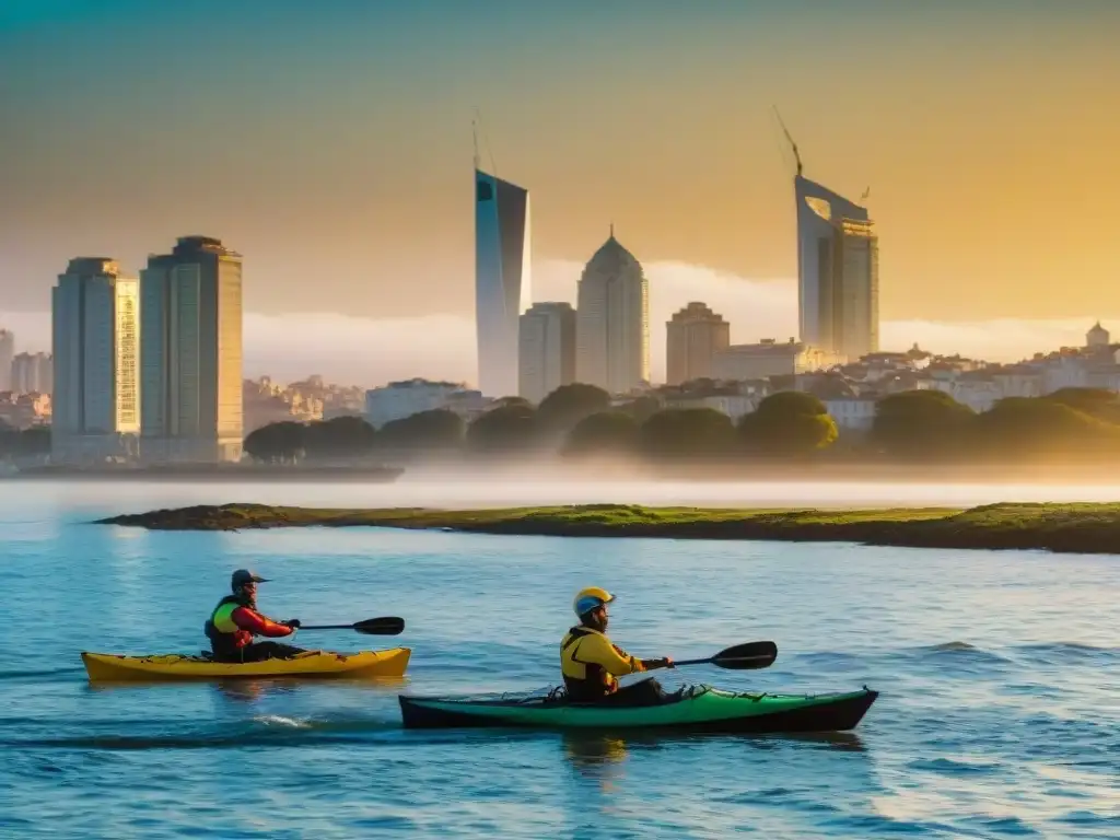 Amigos remando al atardecer en kayaks por la costa de Montevideo, con la ciudad al fondo y el sol reflejándose en el Río de la Plata