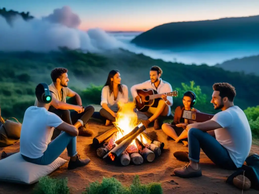 Amigos disfrutan del atardecer en Uruguay con equipo de audio portátil