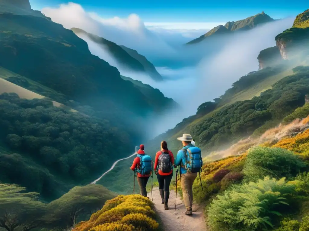 Amigos disfrutan de aventuras cerca de Montevideo, caminando entre la naturaleza exuberante y bajo un cielo azul despejado