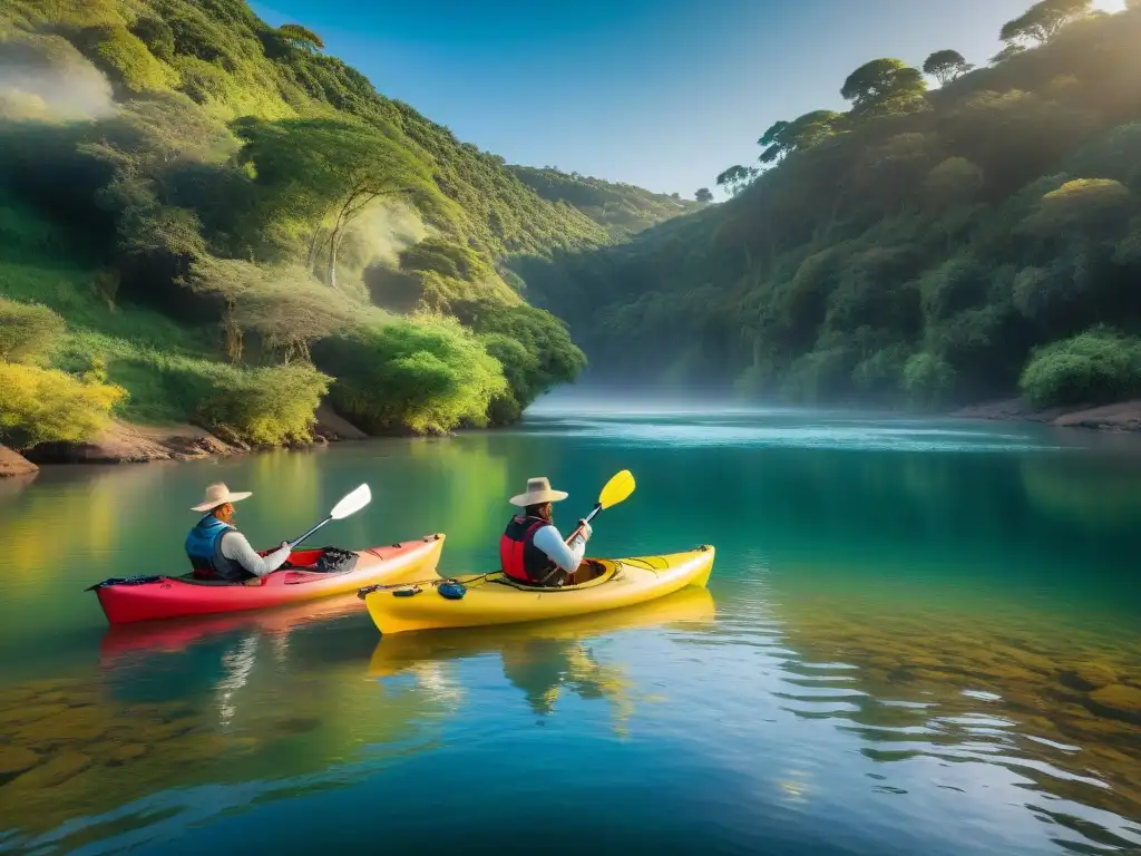 Amigos en botes inflables exploran ríos Uruguay, bajo el sol dorado y rodeados de naturaleza exuberante