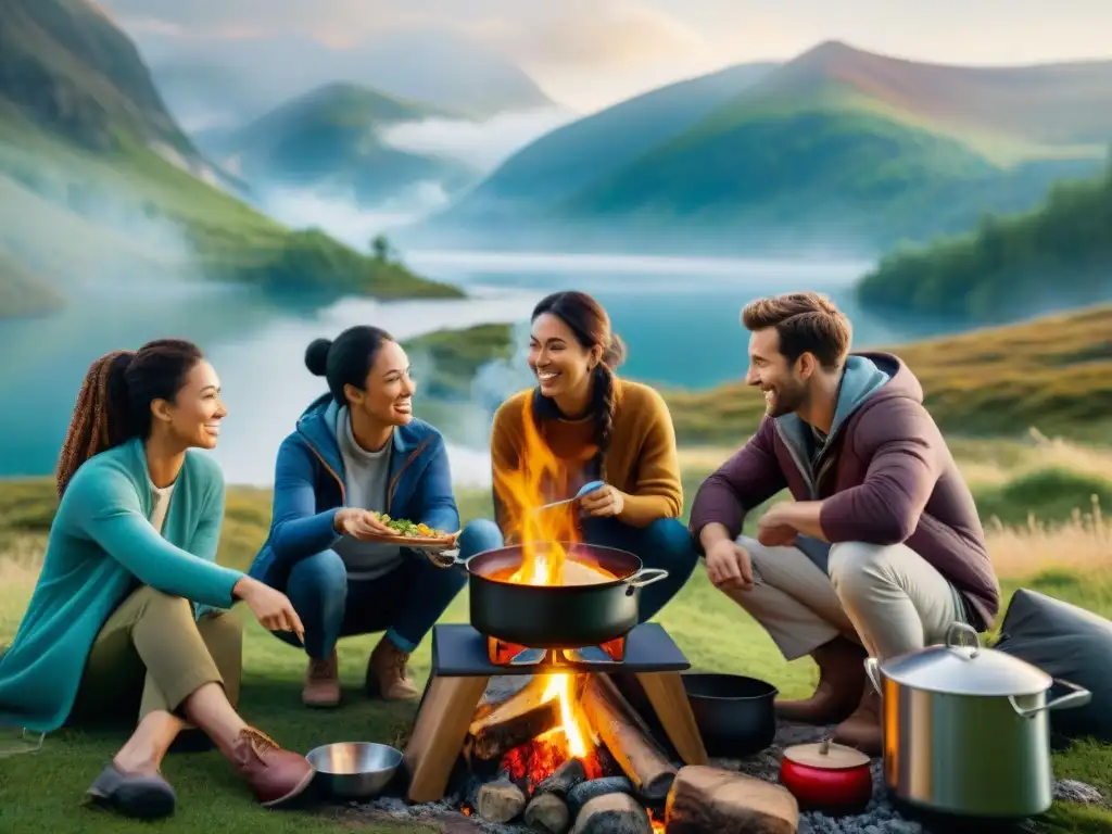 Amigos cocinando en un camping con sistemas de cocina portátiles en la naturaleza