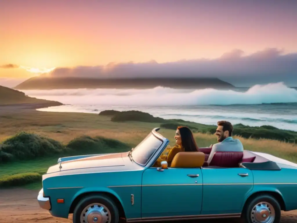 Amigos riendo en el capó de un auto clásico, disfrutando del atardecer en la playa de Uruguay