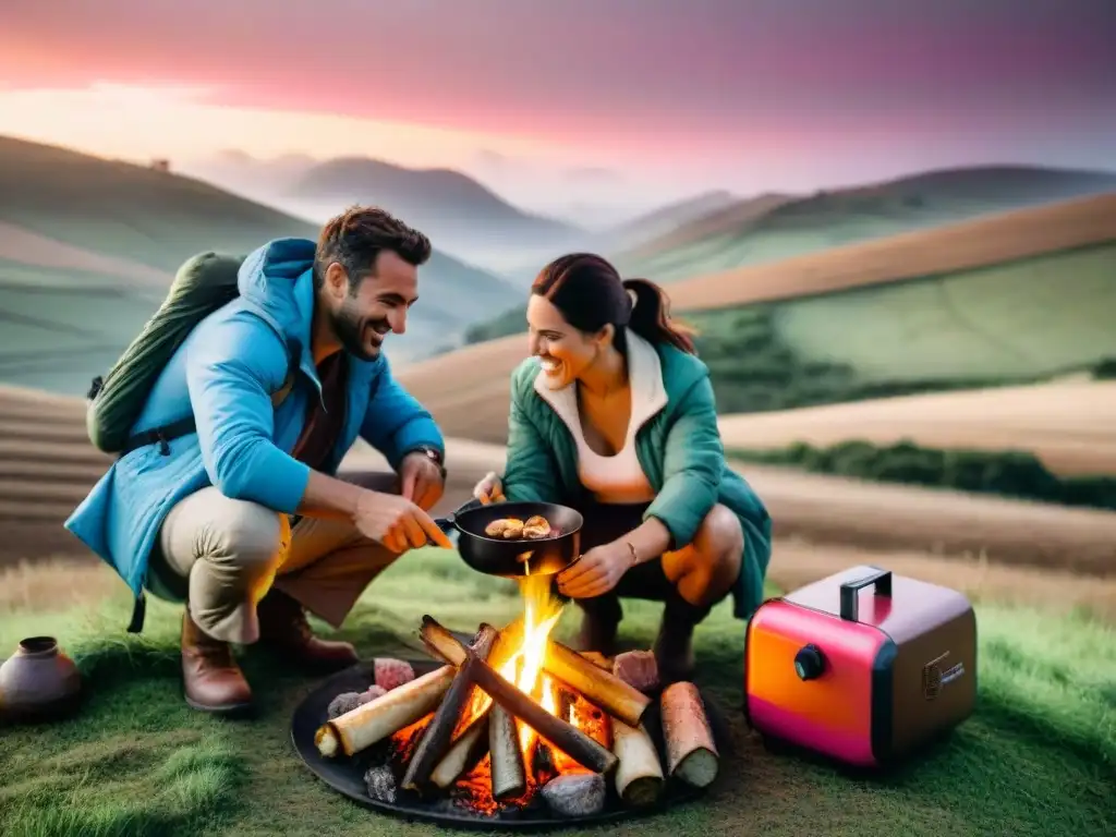 Amigos cocinan chivitos en fogata al atardecer en el campo de Uruguay con cocinas portátiles camping