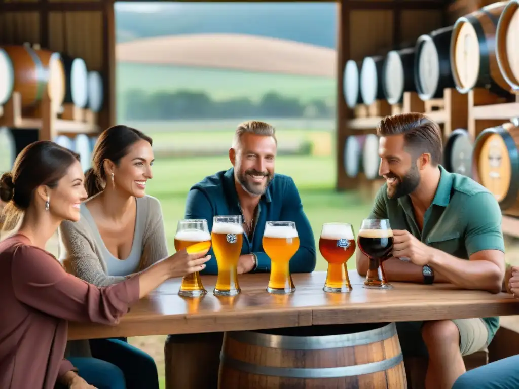 Amigos disfrutando degustación de cervezas artesanales en bodega rústica rodeada de viñedos en Uruguay