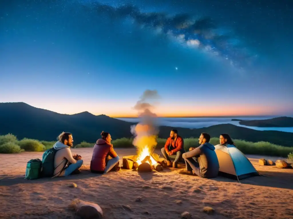 Amigos riendo alrededor de fogata bajo cielo estrellado en Uruguay