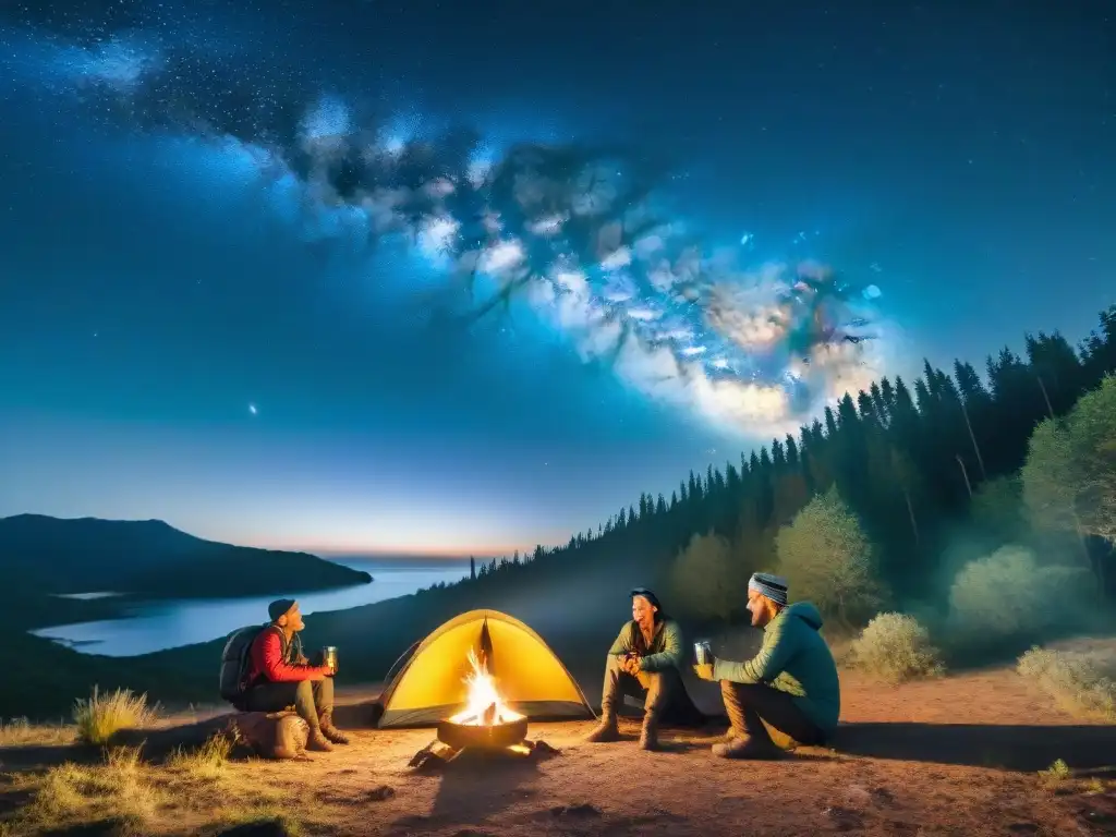 Amigos alrededor de fogata en Uruguay, con lámparas de cabeza para campamentos, bajo el cielo estrellado