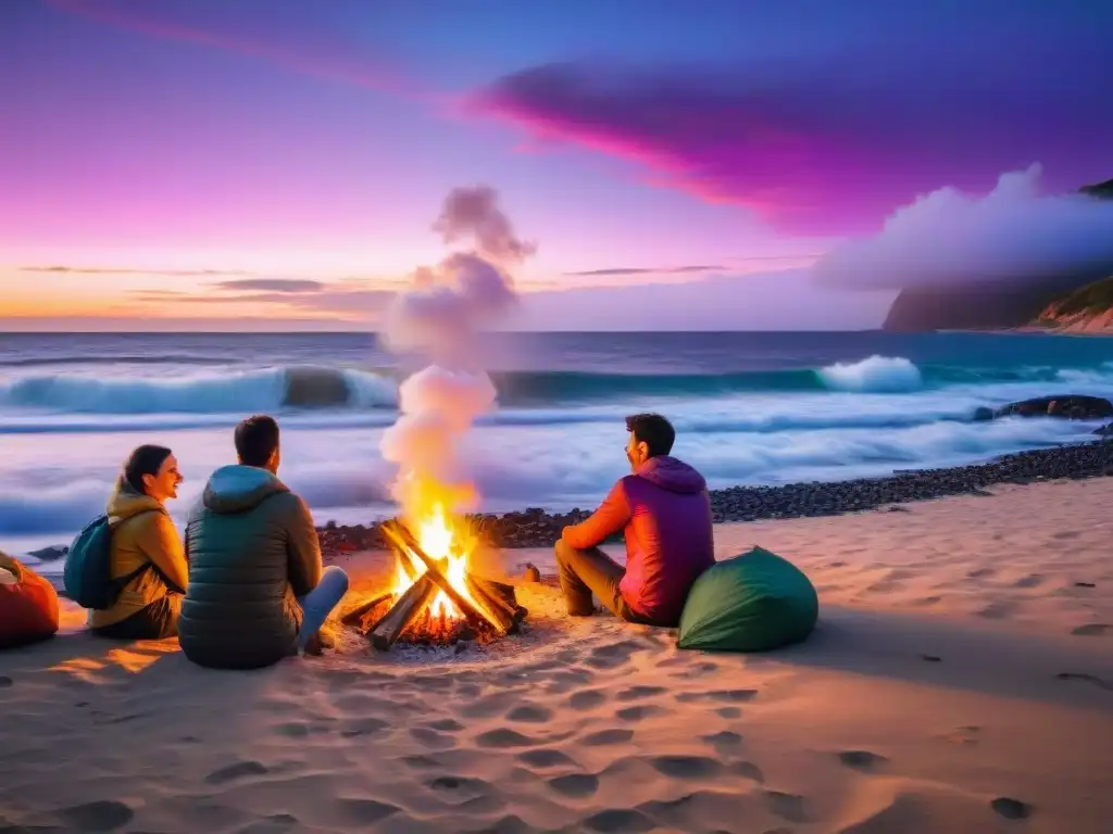 Amigos riendo alrededor de una fogata en la playa de Uruguay al atardecer, con sacos de dormir para acampar