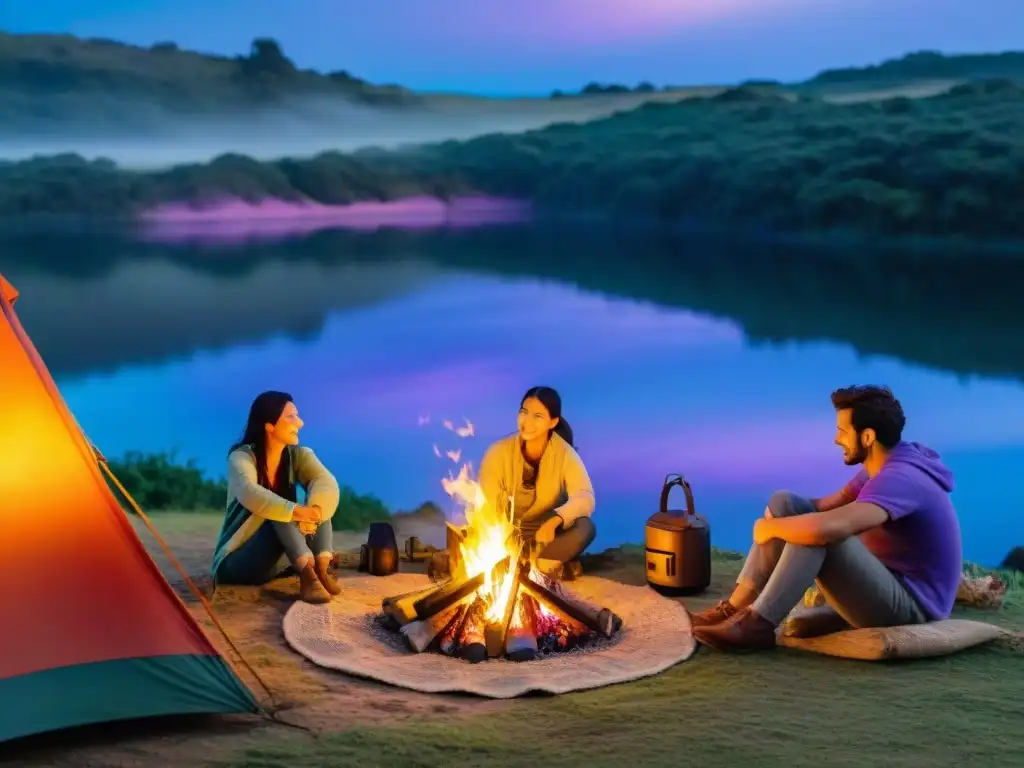 Amigos disfrutan de una hoguera al atardecer en un campamento en Uruguay, rodeados de naturaleza exuberante y accesorios camping imprescindibles