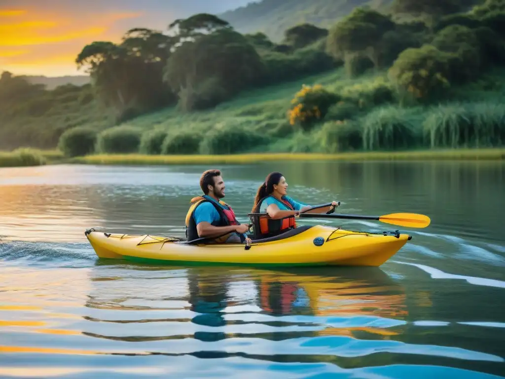 Amigos disfrutan de un paseo en bote inflable por los ríos de Uruguay al atardecer