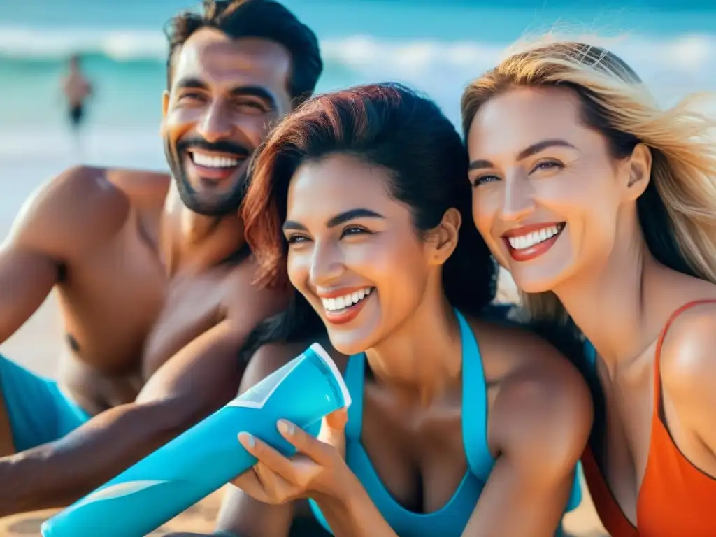 Amigos aplicando protectores solares en la playa de Uruguay, resaltando la importancia de cuidar la piel bajo el sol