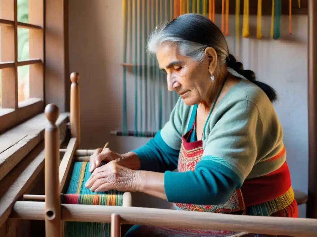 Una anciana uruguaya teje expertamente hilos coloridos en un telar de madera, mostrando habilidad y dedicación al Arte del telar en Uruguay