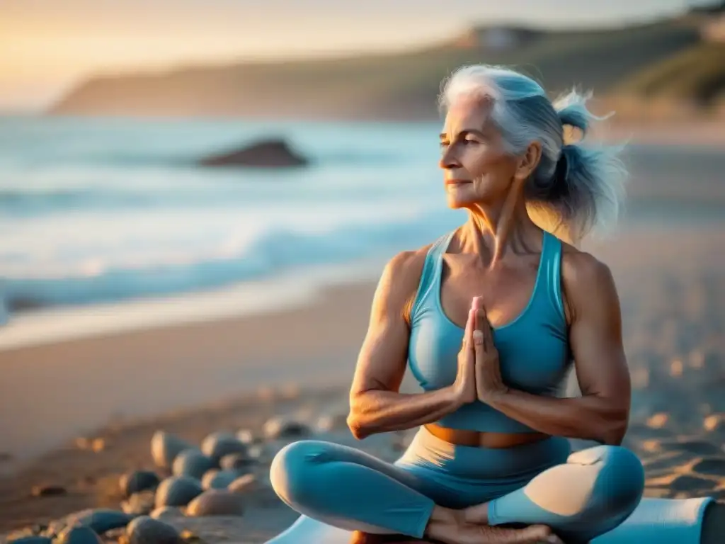 Una anciana practicando yoga en la playa al amanecer en Uruguay, transmitiendo paz y serenidad