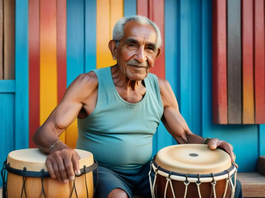 Maestro del candombe: Ruben Rada y su legado musical AfroUruguayo Un anciano afro-uruguayo toca un tambor de candombe, rodeado de un mural vibrante
