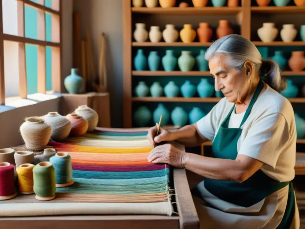 Un anciano artesano tejiendo una colorida tapicería uruguaya, con patrones intrincados bajo la cálida luz del sol