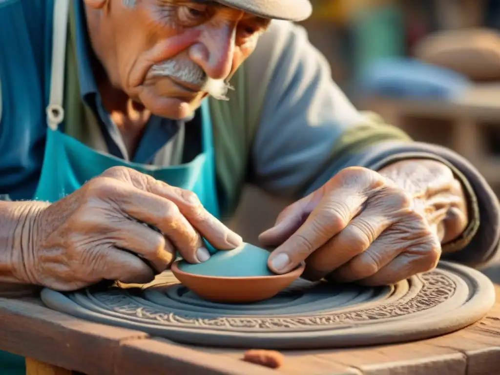 Un anciano artesano de Uruguay, experto en cerámica, moldea una pieza en una bulliciosa feria