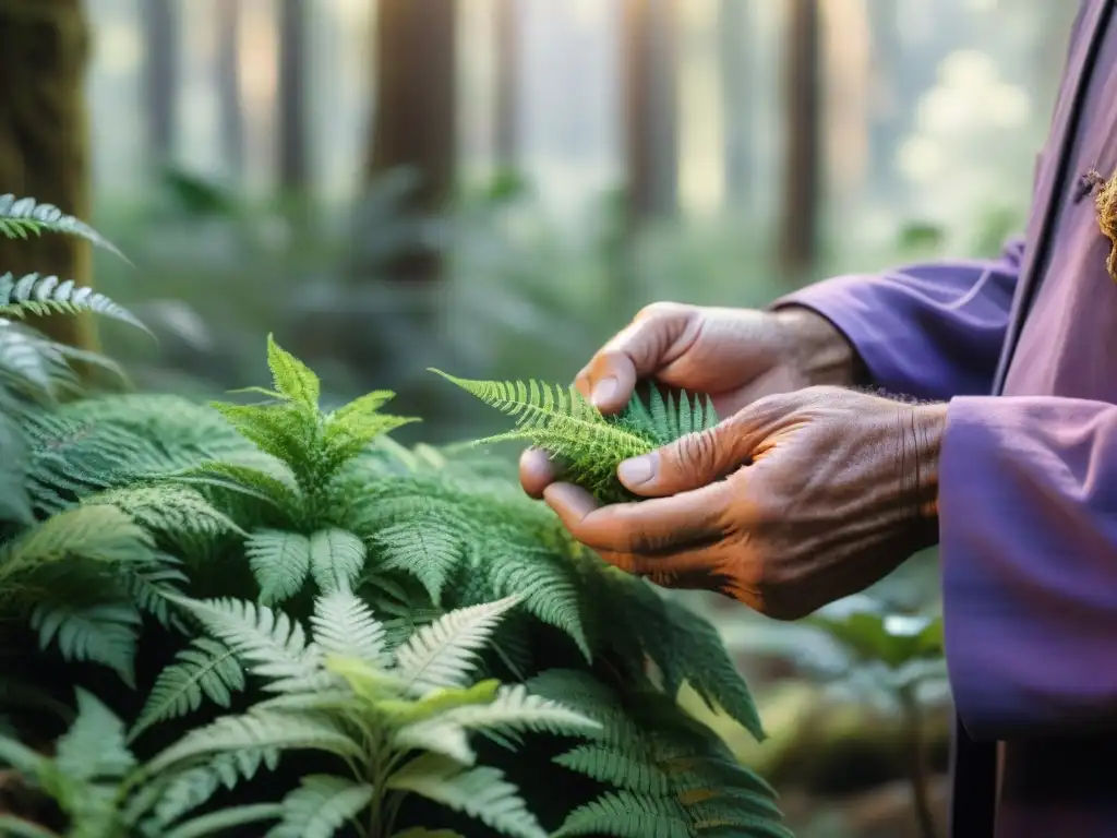 Anciano curandero uruguayo cosechando plantas medicinales en la selva