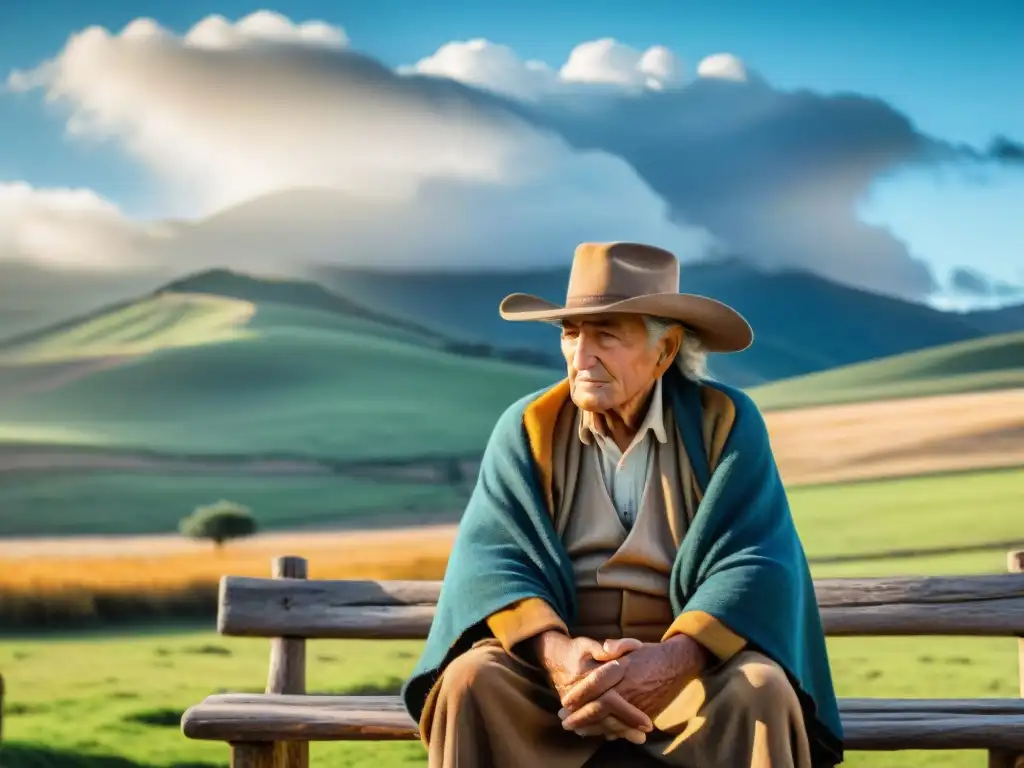 Un anciano gaucho uruguayo, con poncho y sombrero gastado, descansa en una estancia