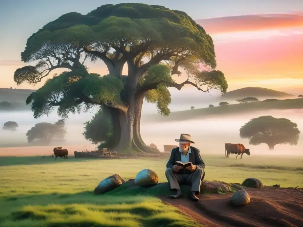 Un anciano granjero uruguayo bajo un árbol antiguo, rodeado de neblina y ganado, con un libro de leyendas en las manos, contemplando el atardecer