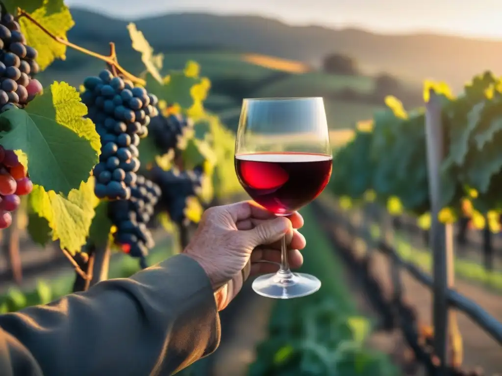 Un anciano contempla el horizonte con nostalgia y contento, sosteniendo una copa de vino tinto en una bodega uruguaya