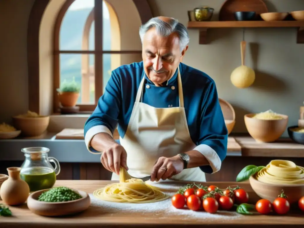 Un anciano italiano elaborando pasta fresca con ingredientes tradicionales, transmitiendo pasión por la cocina italiana