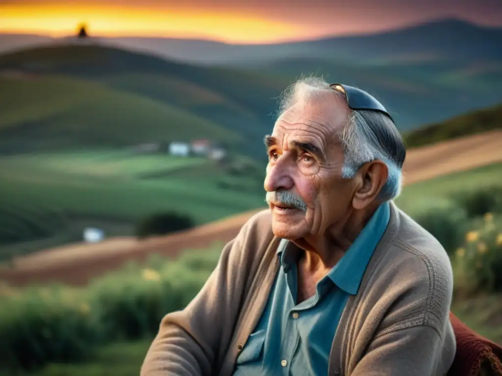 Anciano narrador de leyendas en la campiña uruguaya, cautivando a su audiencia con historias ancestrales