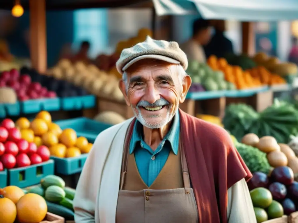 Un anciano sonriente con sombrero y poncho gaucho, detrás de un puesto de mercado lleno de frutas y verduras