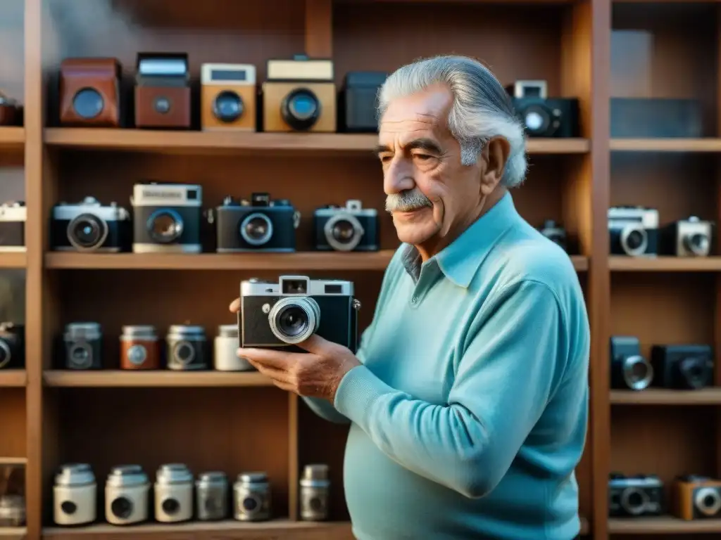 Un anciano uruguayo restaurando una cámara vintage en un taller de fotografía, rodeado de fotos antiguas que capturan la historia de Uruguay