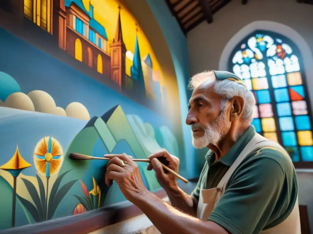 Un anciano uruguayo restaura con cuidado un mural centenario en una iglesia colonial, protegiendo la cultura uruguaya