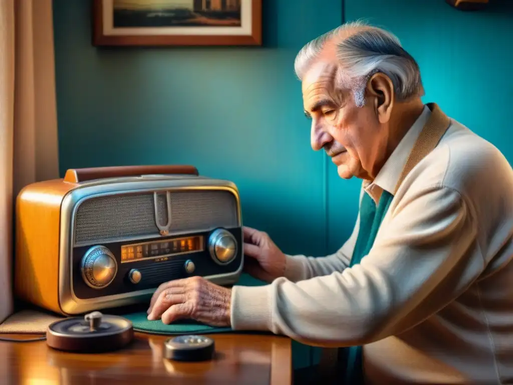 Un anciano uruguayo sintoniza una radio vintage en una habitación llena de historia de la radio en Uruguay