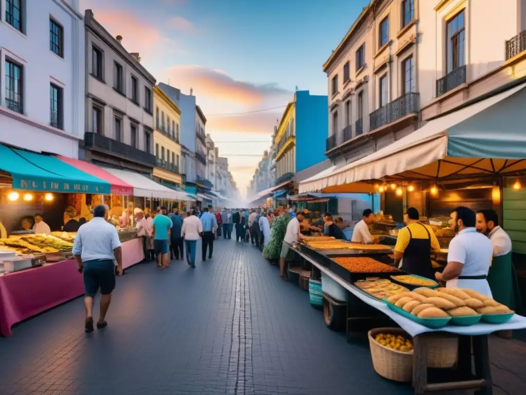 Animada calle de Montevideo al atardecer, con puestos de comida coloridos ofreciendo asado, chivito y empanadas