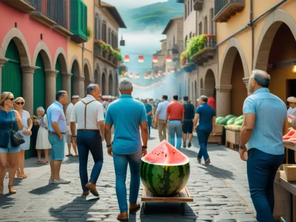 Animada calle en el Festival de la Sandía en Cardona: puestos coloridos, gente disfrutando y edificios históricos