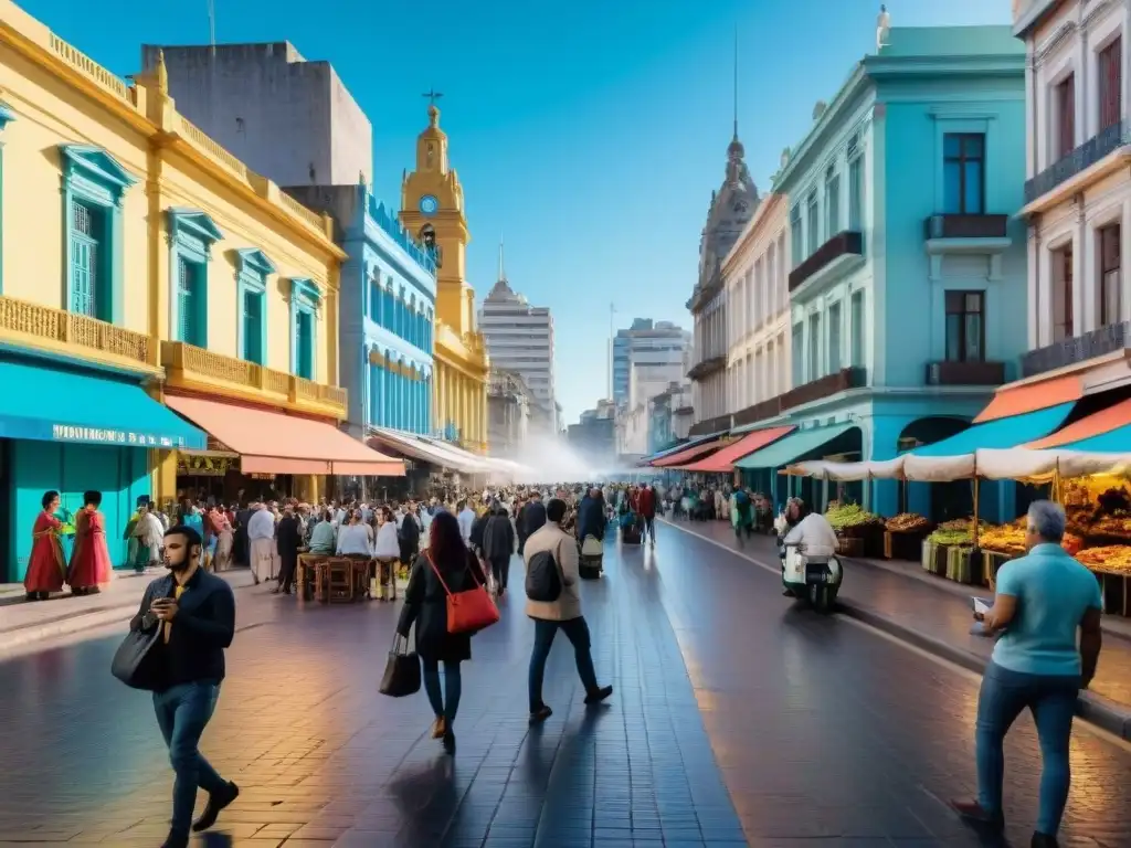 Animada calle urbana en Montevideo con locales y turistas usando apps actualizaciones tiempo real Uruguay para explorar la ciudad